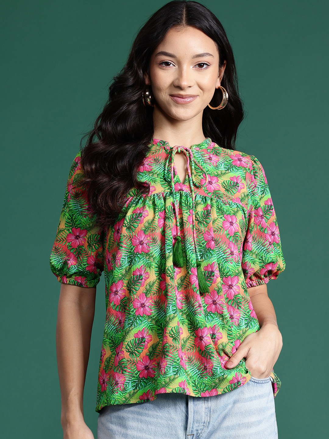

DressBerry Tropical Print Tie-Up Neck Puff Sleeves Empire Top, Green