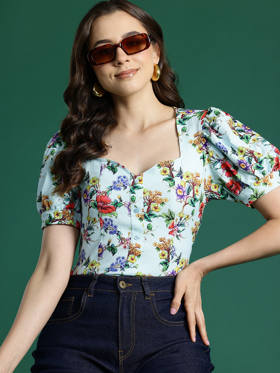 

DressBerry Floral Print Sweetheart Neck Top, Blue