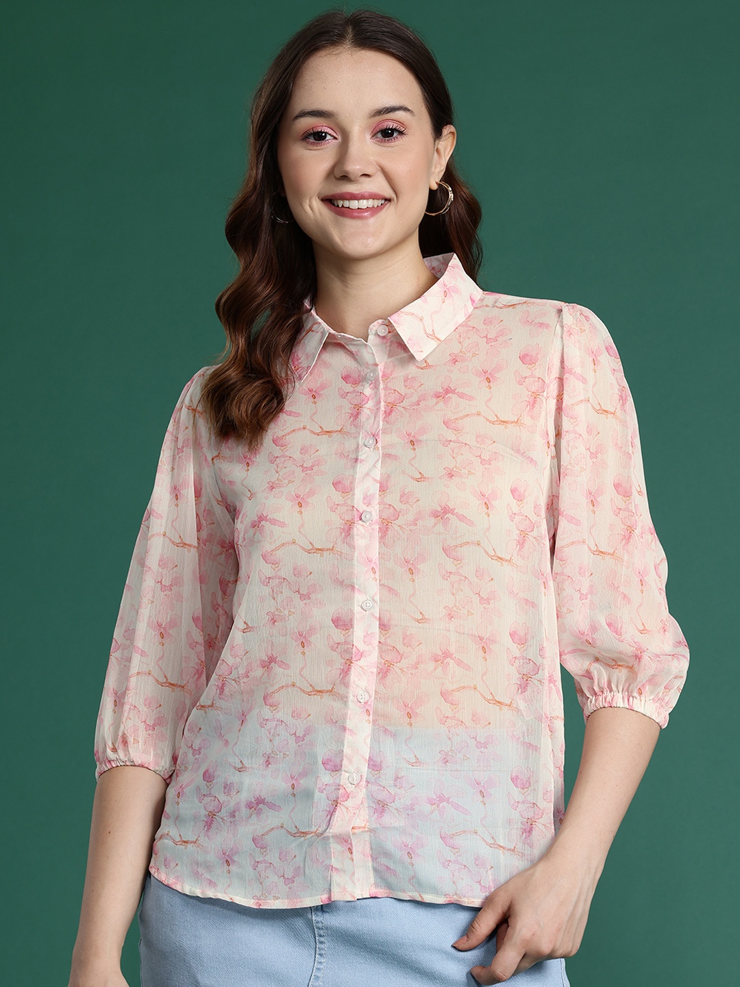 

DressBerry Floral Print Semi Sheer Shirt, Pink