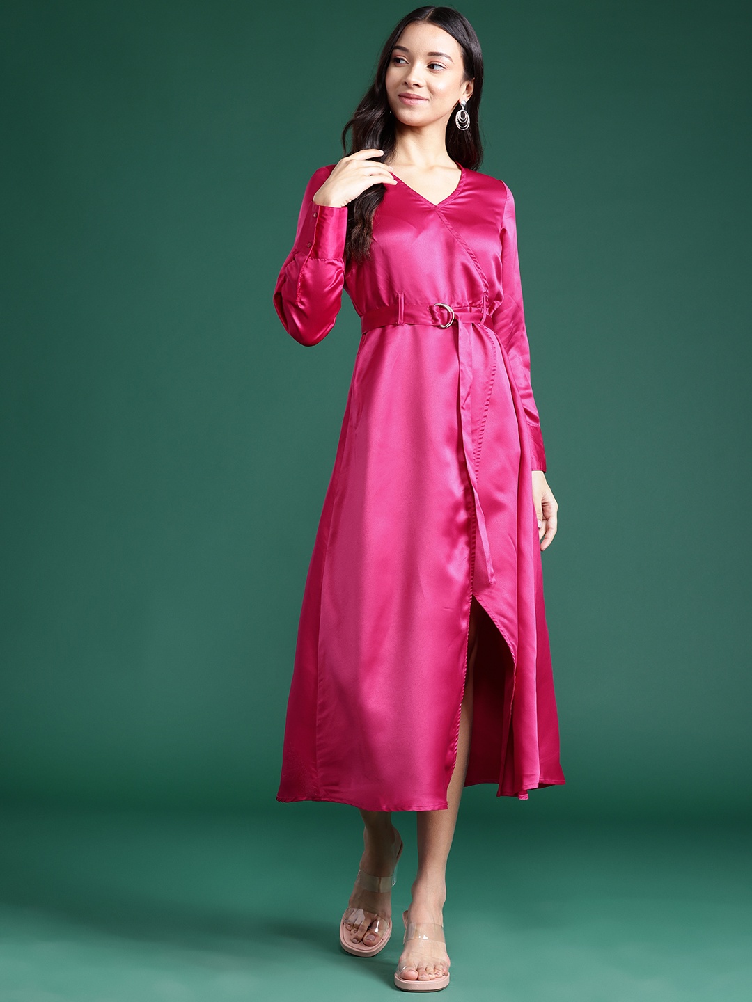 

DressBerry Glam Satin Finish Belted Sheath Midi Dress, Pink