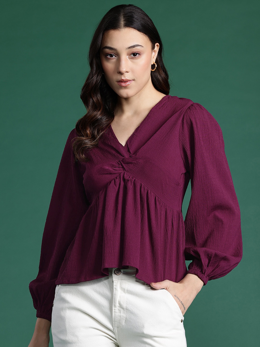 

DressBerry Twisted Detail Textured Puff Sleeve Top, Purple