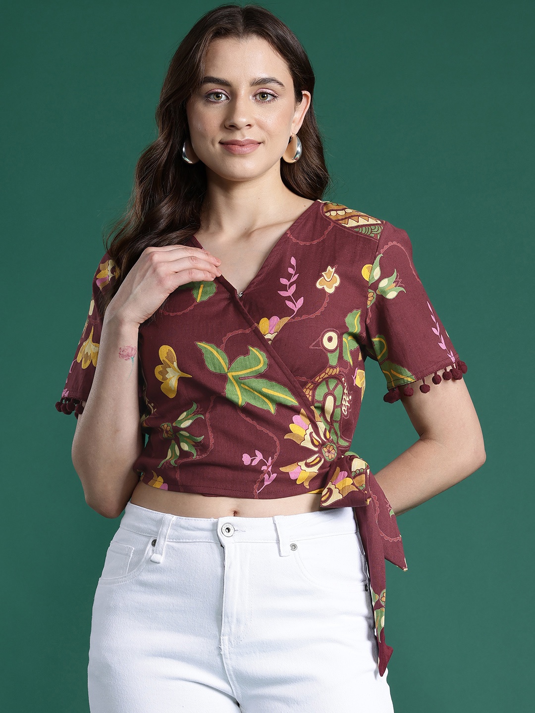 

DressBerry Printed Pure Cotton Wrap Crop Top, Maroon