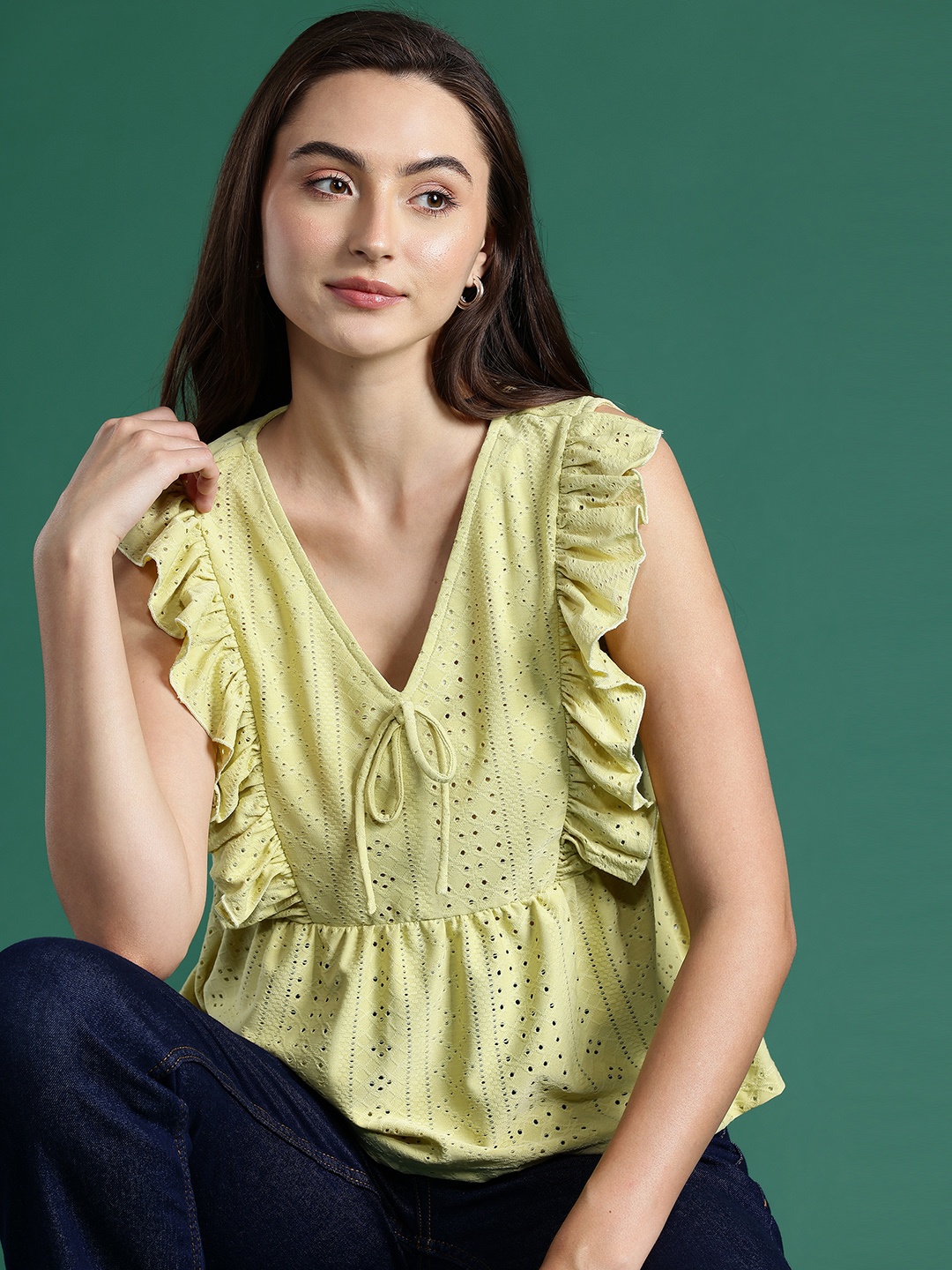 

DressBerry Schiffli Embroidered Tie-Up Ruffled Top, Green