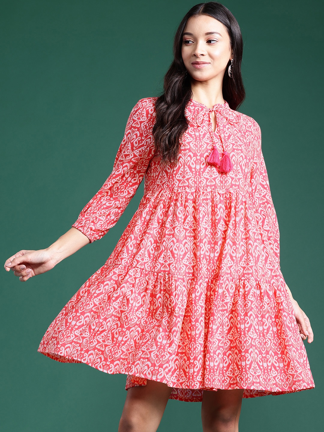 

DressBerry Printed Tie-Up Neck Pure Cotton Tiered A-Line Mini Dress, White