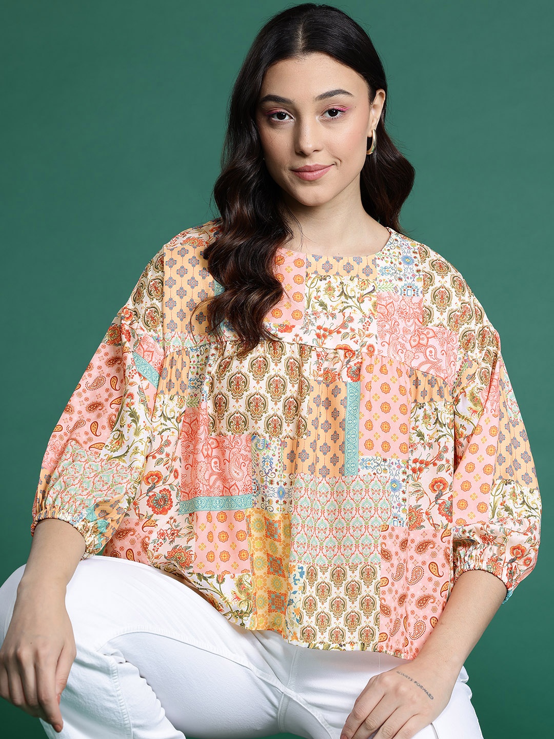 

DressBerry Printed Puff Sleeves Top, Peach