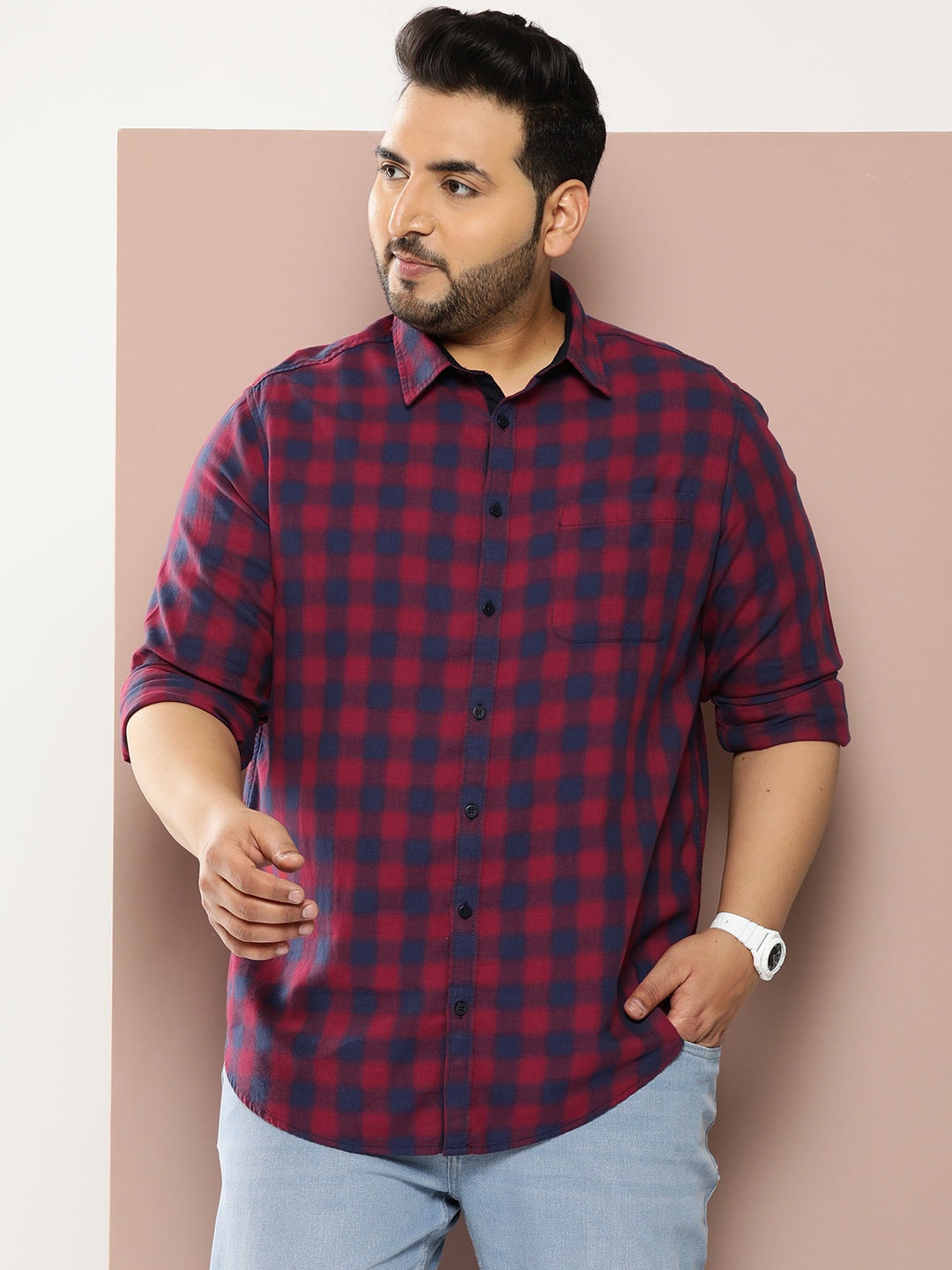 

Sztori Men Plus Size Pure Cotton Checked Casual Shirt, Red