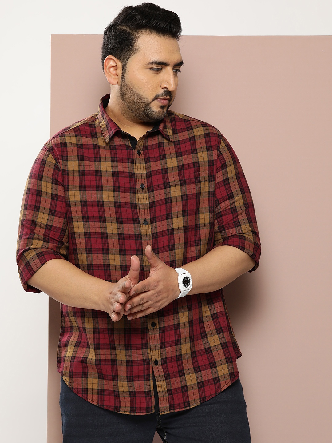 

Sztori Men Plus Size Pure Cotton Checked Casual Shirt, Maroon