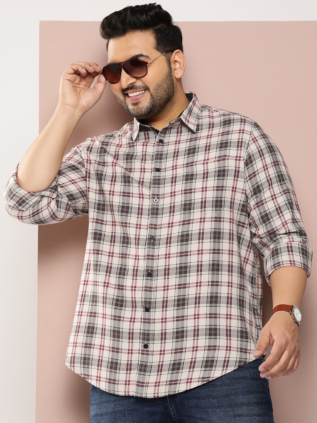 

Sztori Plus Size Pure Cotton Checked Casual Shirt, Beige