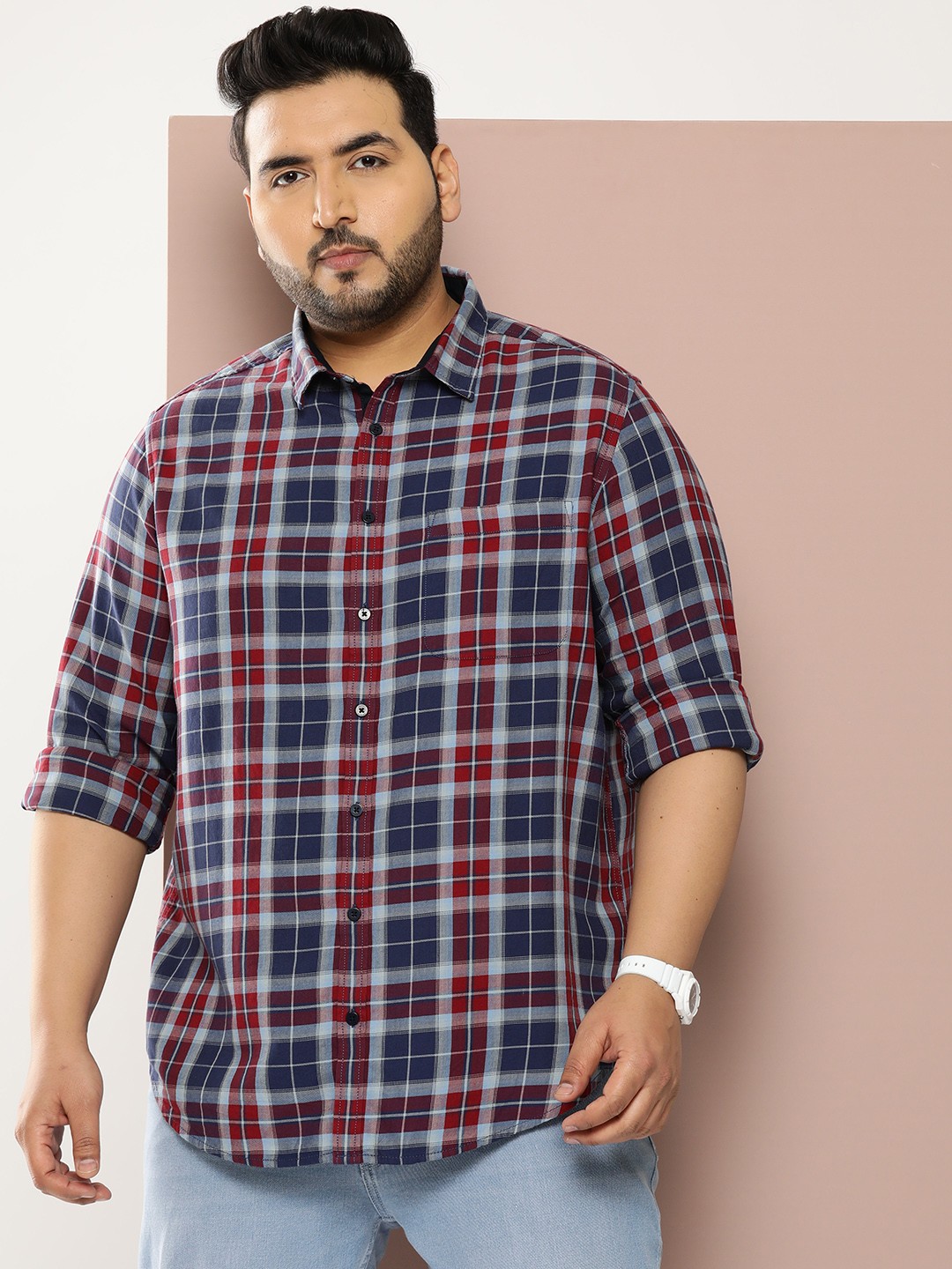 

Sztori Men Plus Size Pure Cotton Checked Casual Shirt, Blue