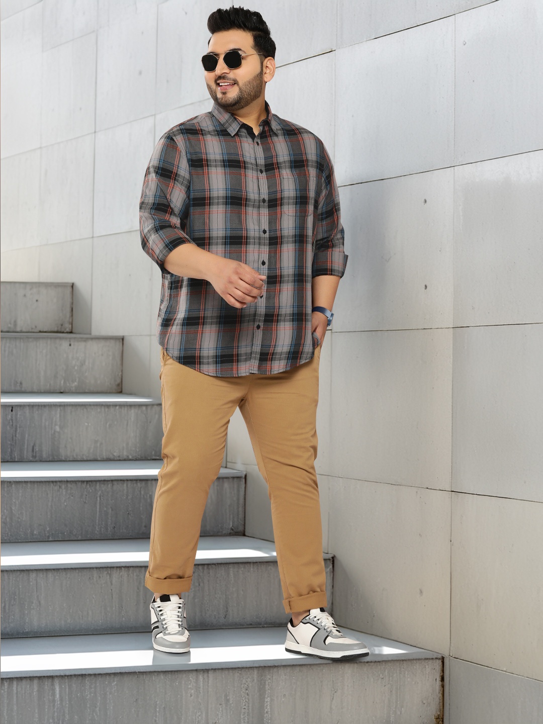 

Sztori Plus Size Tartan Checks Pure Cotton Shirt, Grey