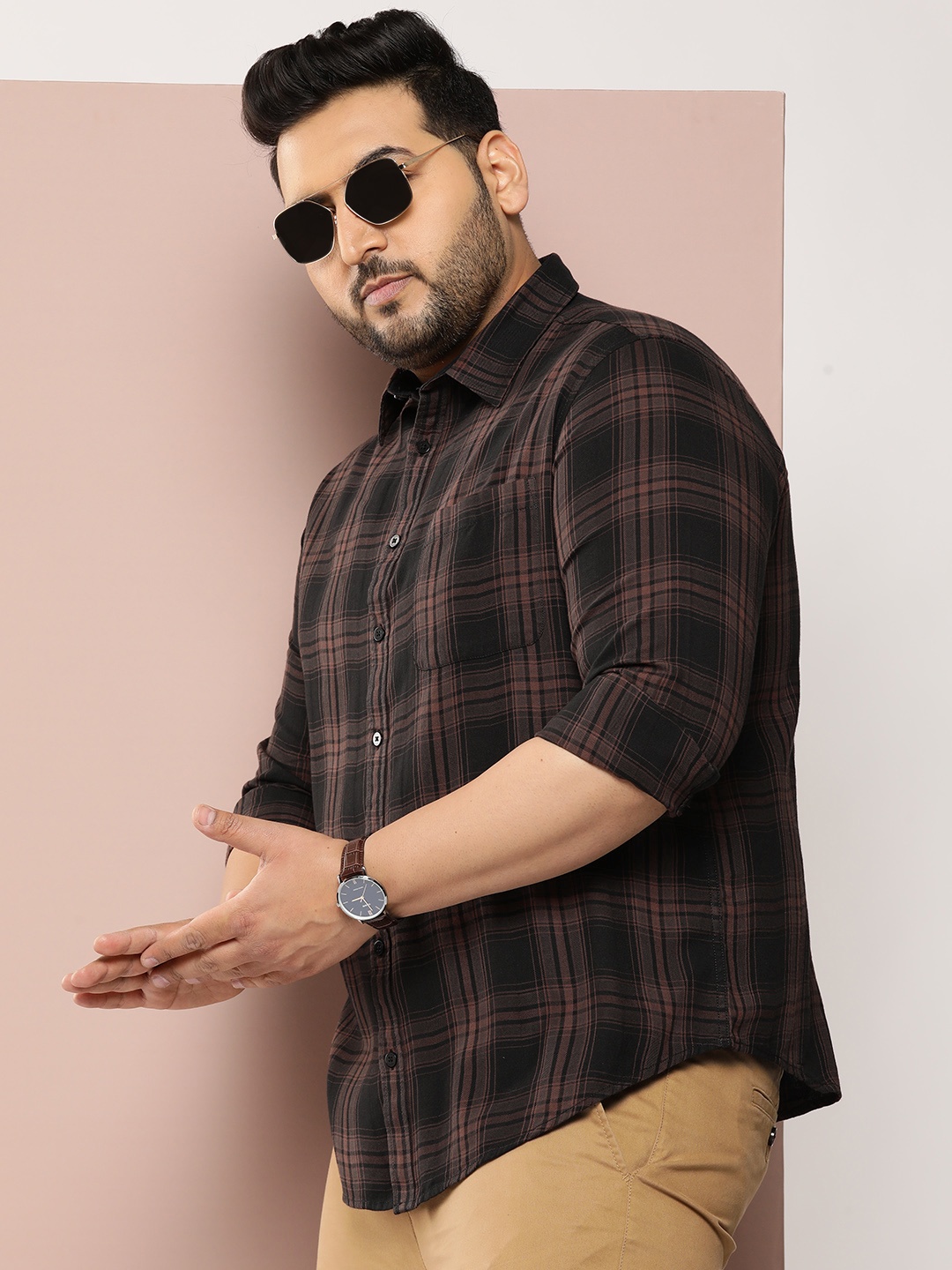 

Sztori Plus Size Pure Cotton Checked Casual Shirt, Black