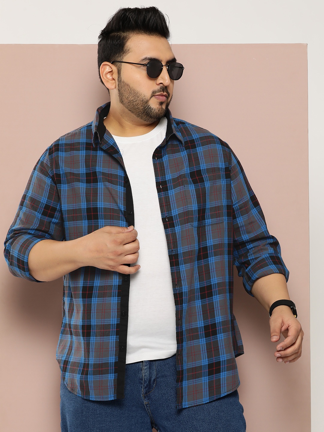 

Sztori Plus Size Pure Cotton Checked Casual Shirt, Navy blue