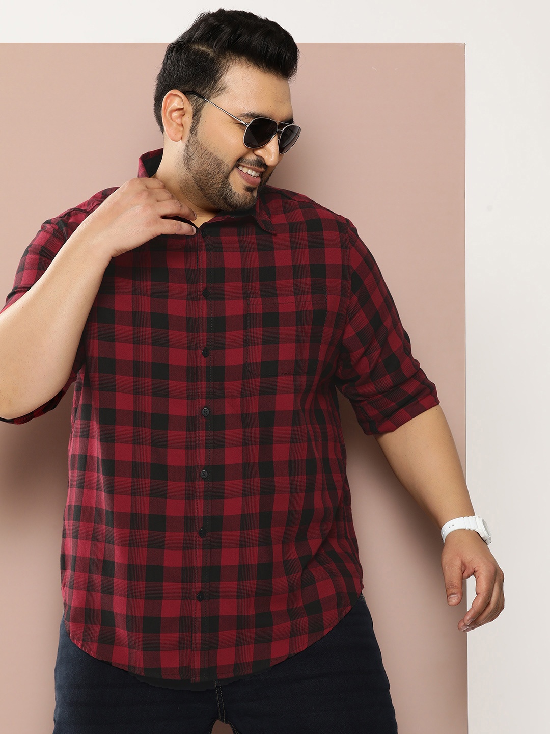 

Sztori Men Plus Size Pure Cotton Checked Casual Shirt, Red