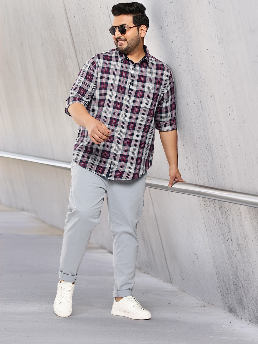 

Sztori Men Plus Size Pure Cotton Checked Casual Shirt, Grey