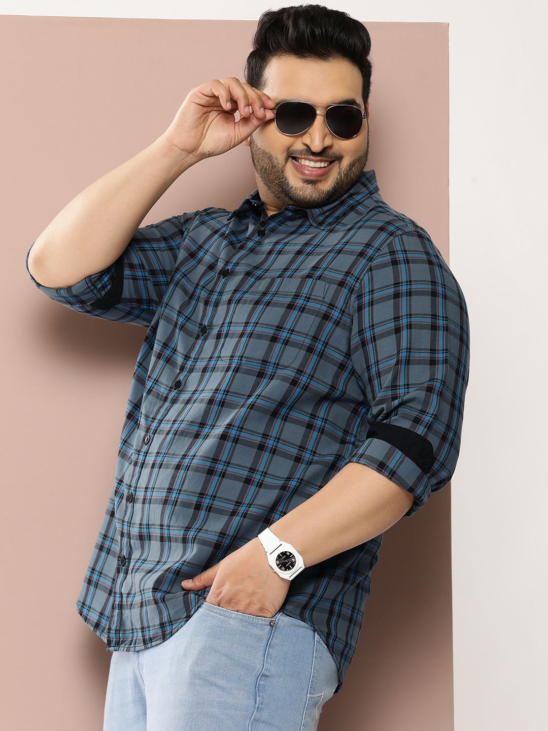 

Sztori Men Plus Size Pure Cotton Checked Casual Shirt, Blue