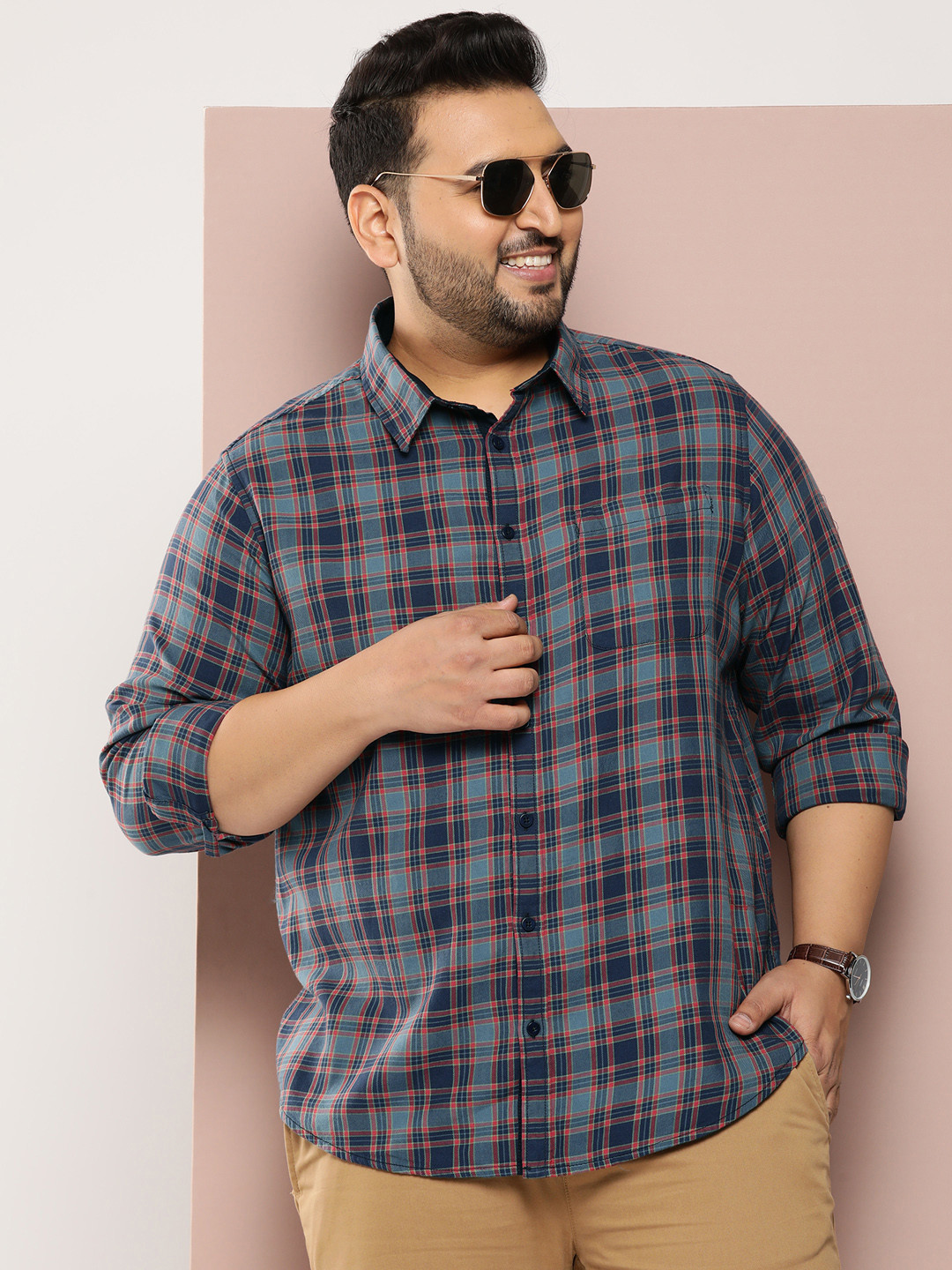 

Sztori Plus Size Pure Cotton Checked Casual Shirt, Blue