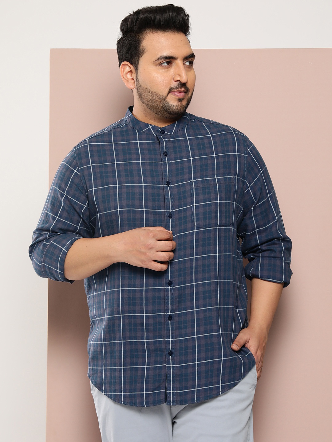 

Sztori Men Plus Size Pure Cotton Checked Casual Shirt, Navy blue