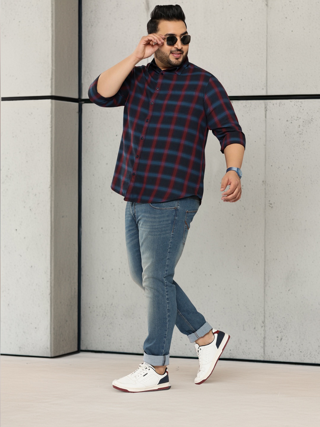 Sztori Plus Size Pure Cotton Checked Casual Shirt, Navy blue