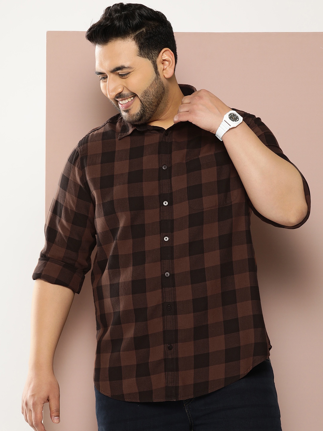 

Sztori Men Plus Size Pure Cotton Checked Casual Shirt, Brown