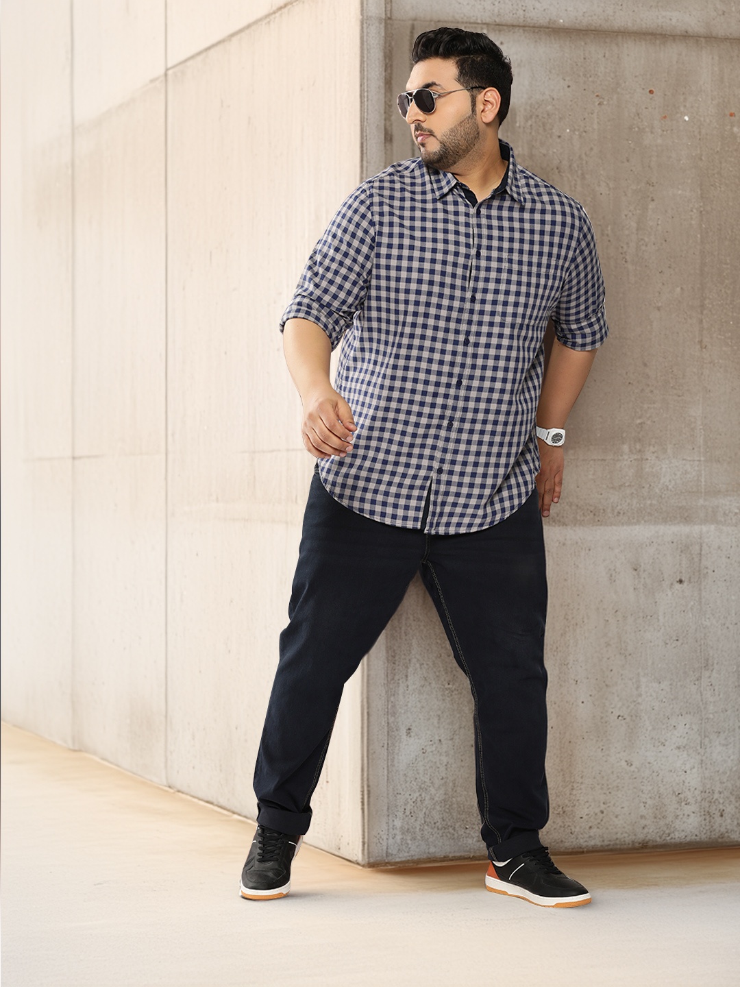 

Sztori Plus Size Checks Pure Cotton Shirt, Navy blue