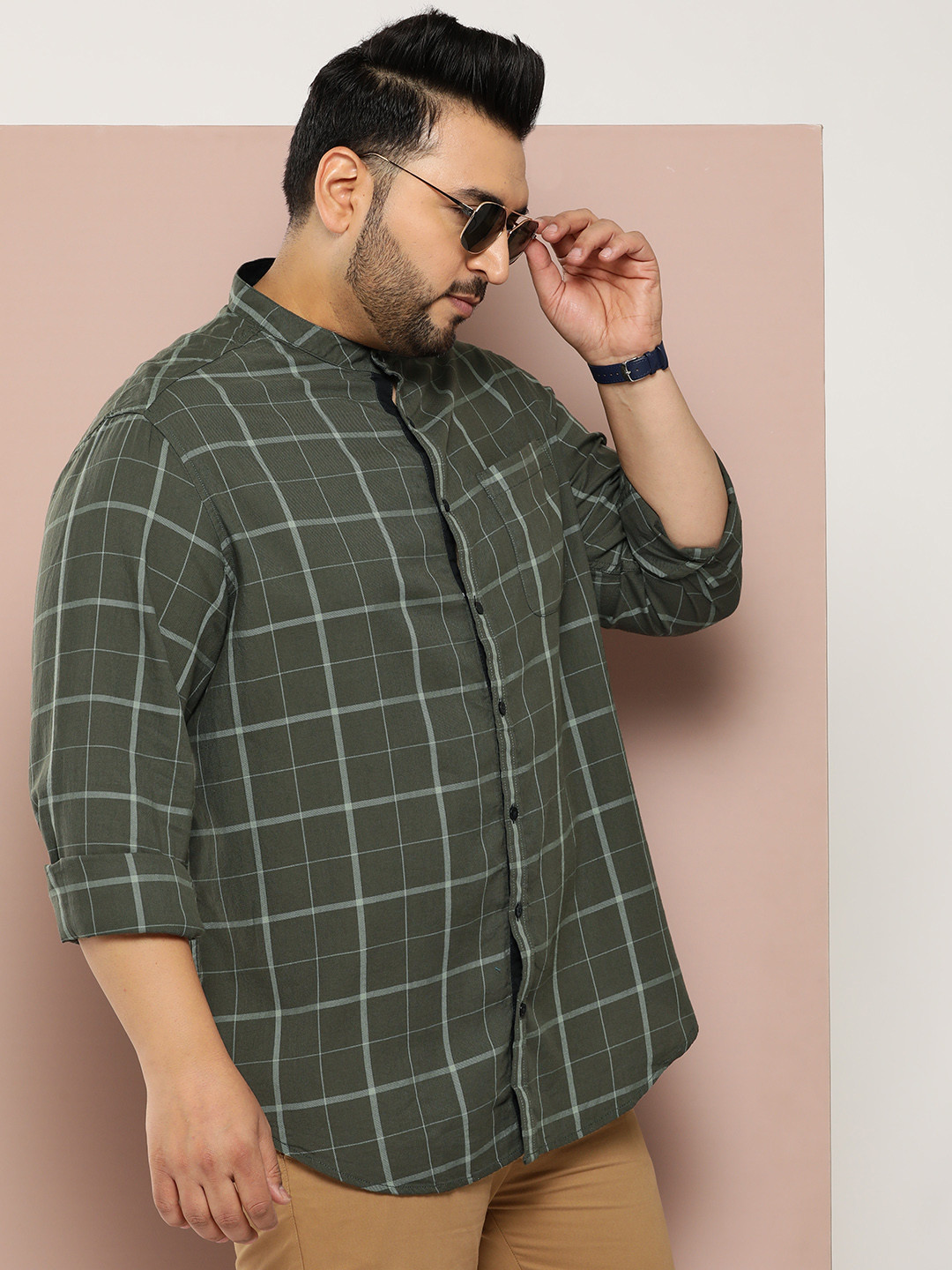 

Sztori Plus Size Pure Cotton Checked Casual Shirt, Olive