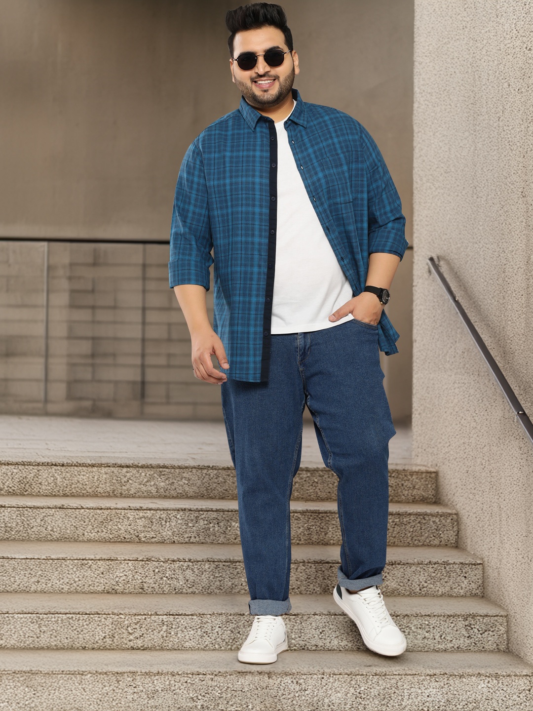 

Sztori Plus Size Pure Cotton Checked Casual Shirt, Blue