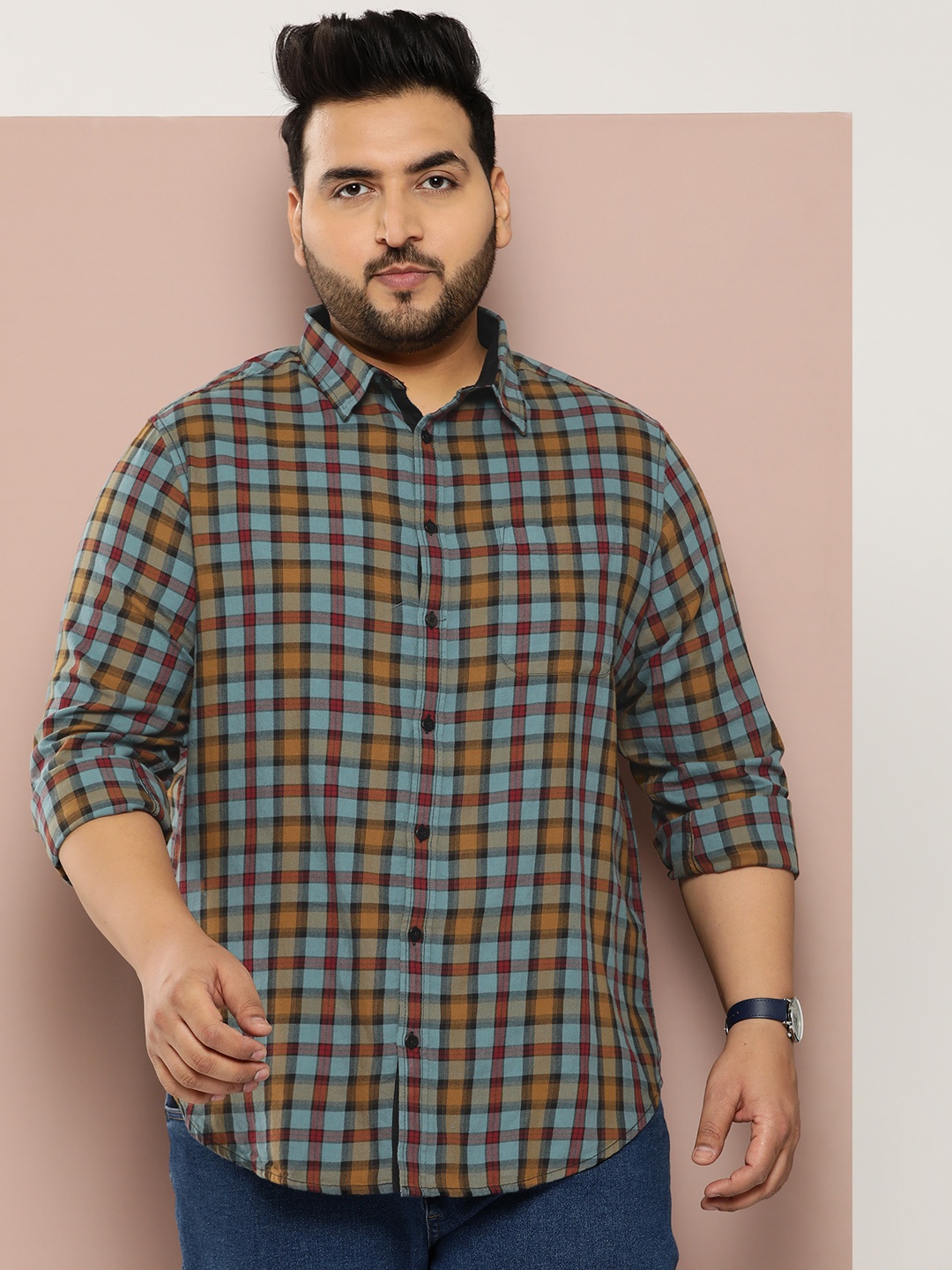 

Sztori Plus Size Pure Cotton Checked Casual Shirt, Blue