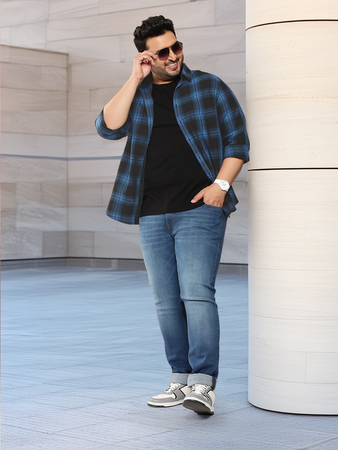 

Sztori Men Plus Size Pure Cotton Checked Casual Shirt, Blue