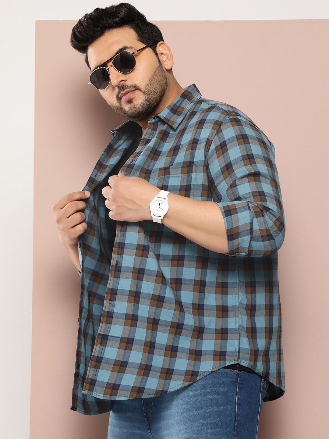 

Sztori Men Plus Size Pure Cotton Checked Casual Shirt, Blue