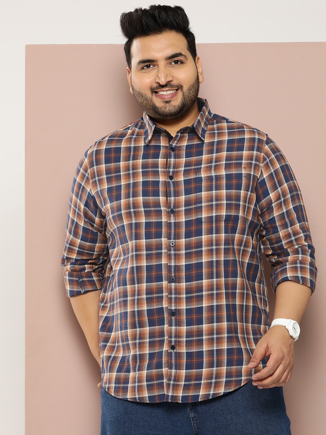 

Sztori Plus Size Pure Cotton Checked Casual Shirt, Navy blue