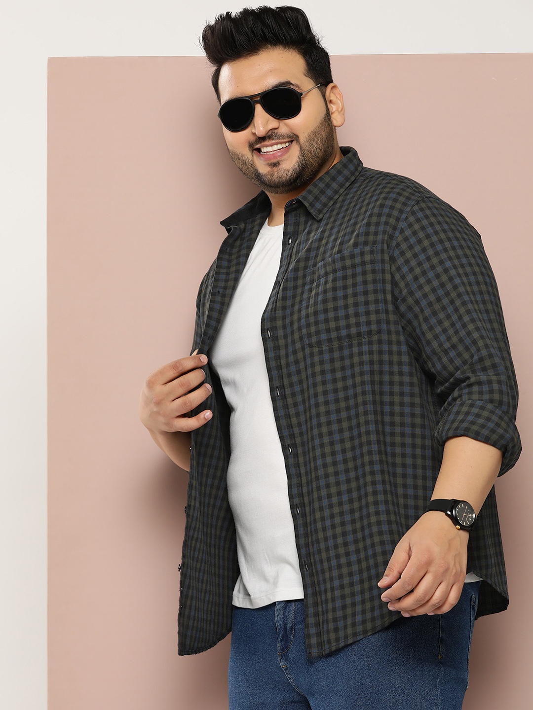 

Sztori Plus Size Pure Cotton Checked Casual Shirt, Navy blue