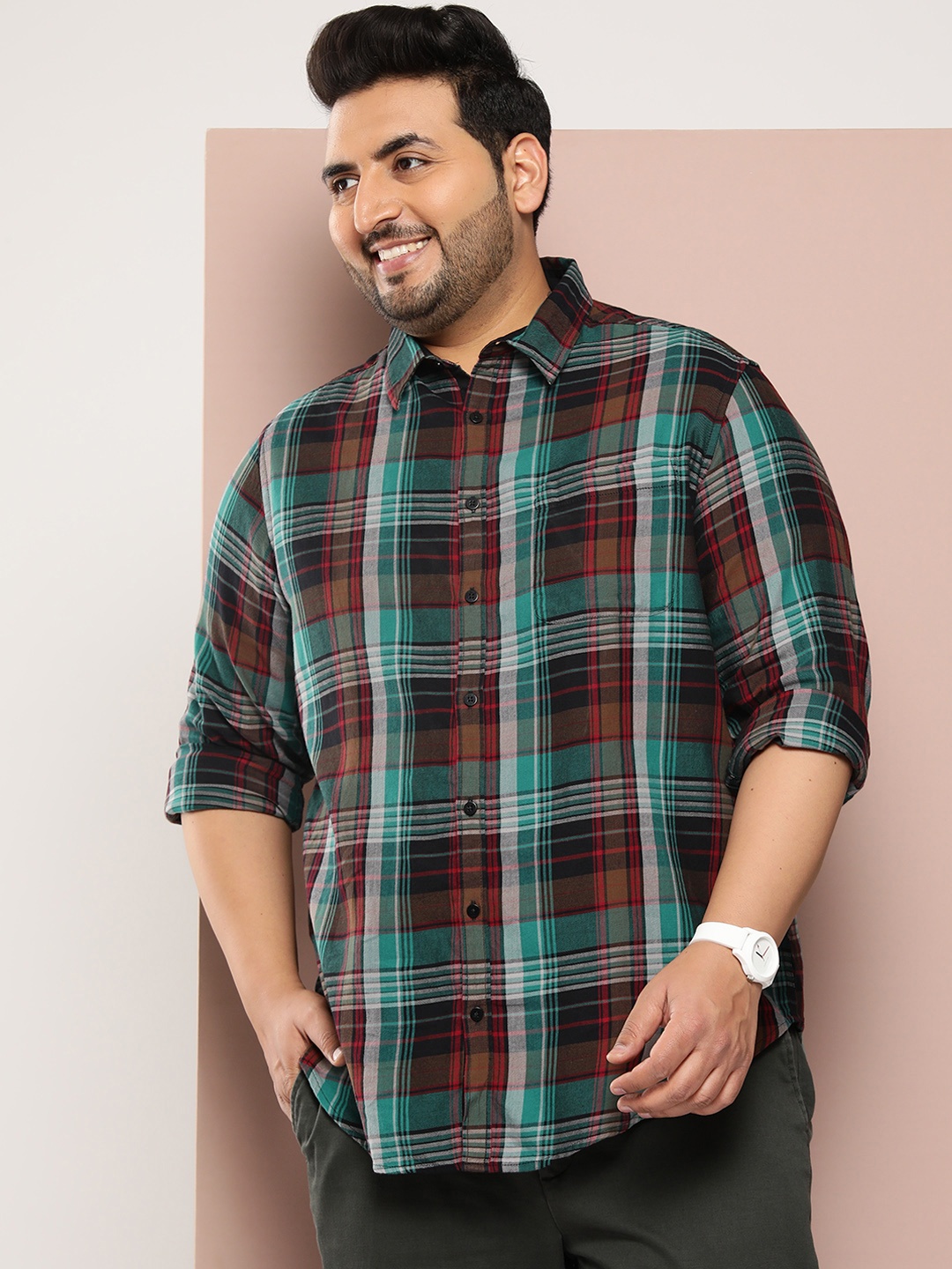 

Sztori Men Plus Size Pure Cotton Checked Casual Shirt, Black