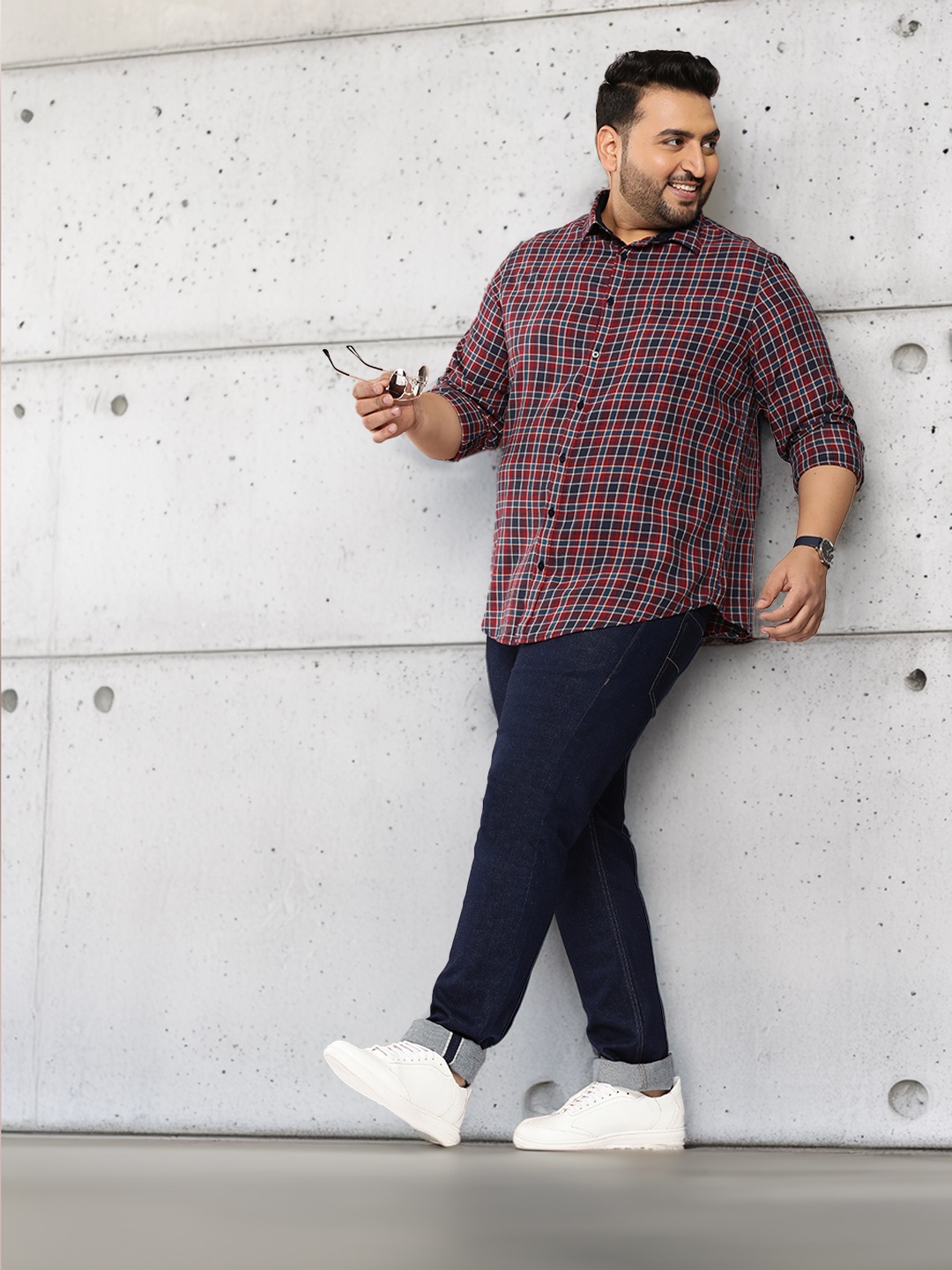 Sztori Plus Size Checked Casual Shirt, Maroon
