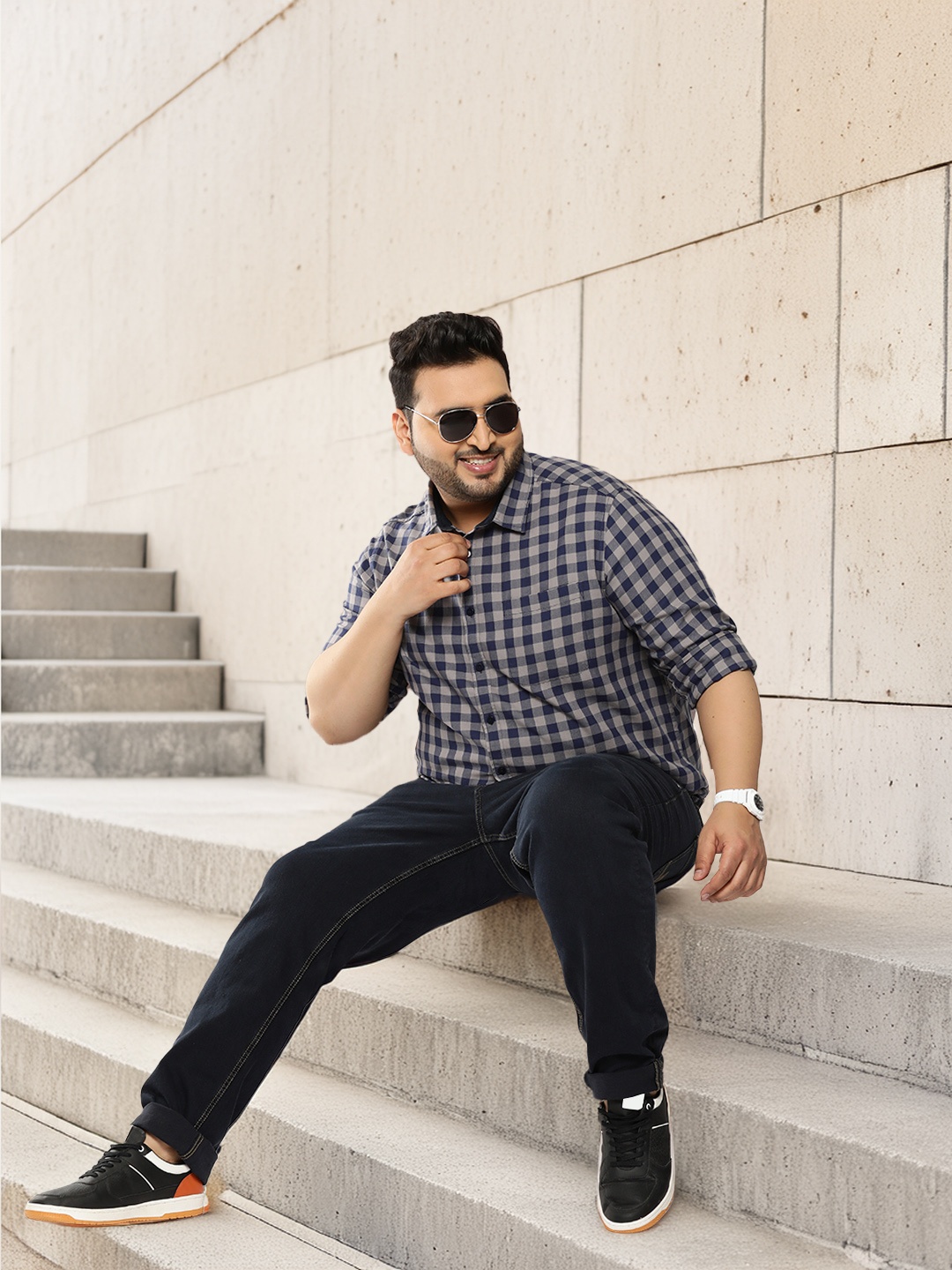 

Sztori Plus Size Checked Pure Cotton Shirt, Navy blue