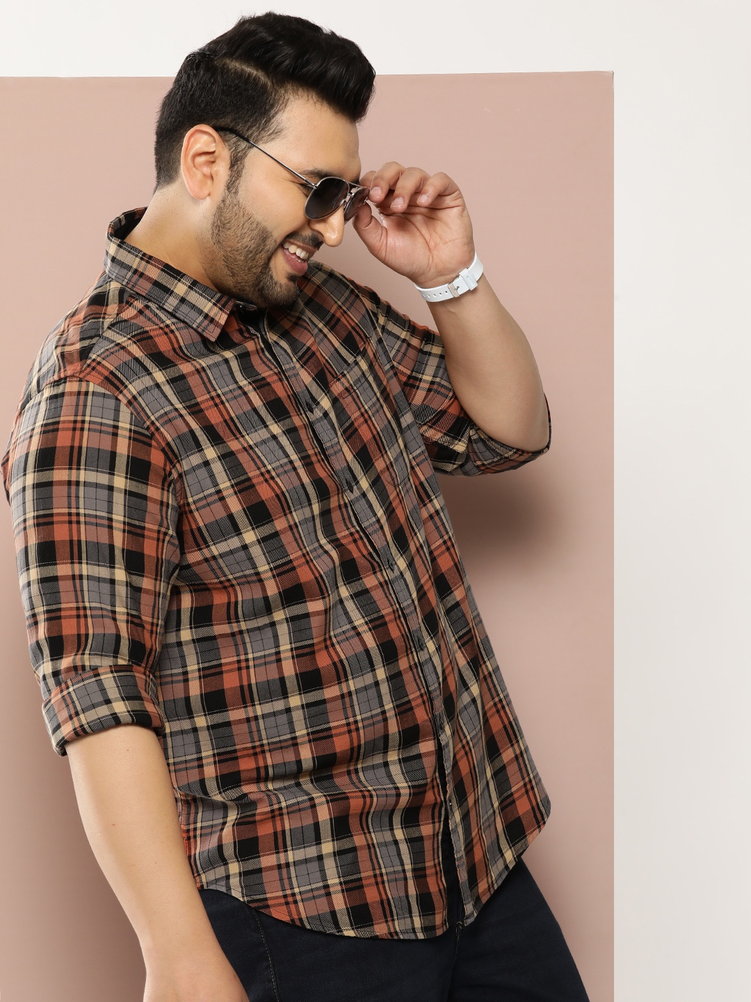 

Sztori Men Plus Size Pure Cotton Checked Casual Shirt, Rust