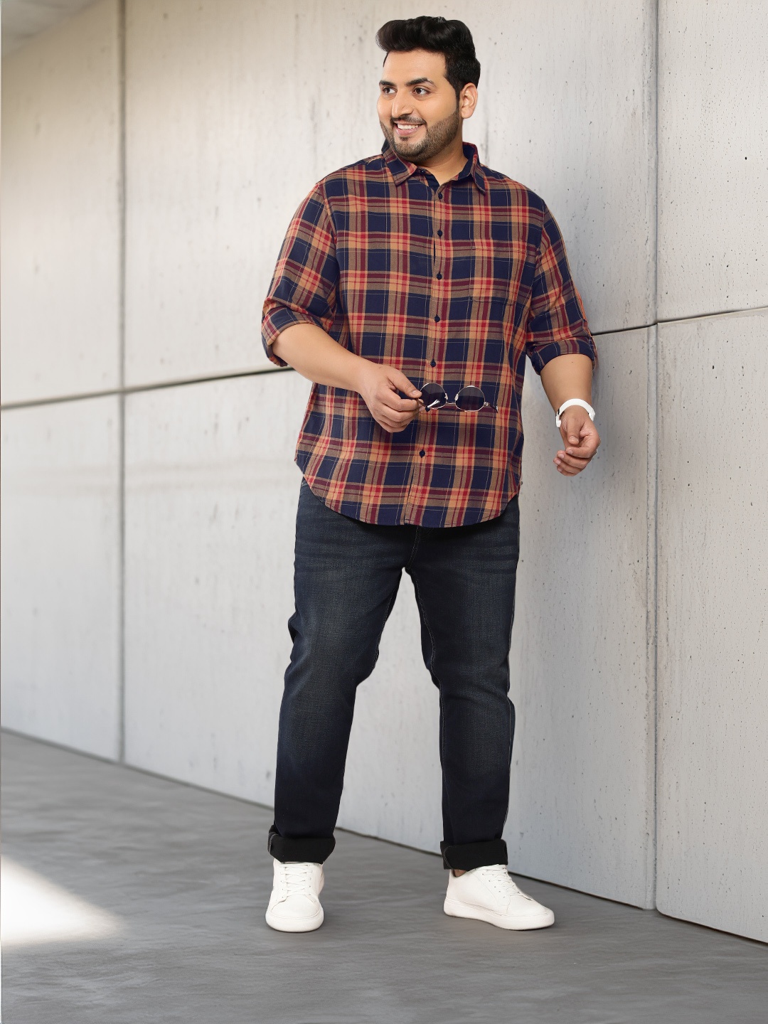 

Sztori Men Plus Size Pure Cotton Checked Casual Shirt, Navy blue