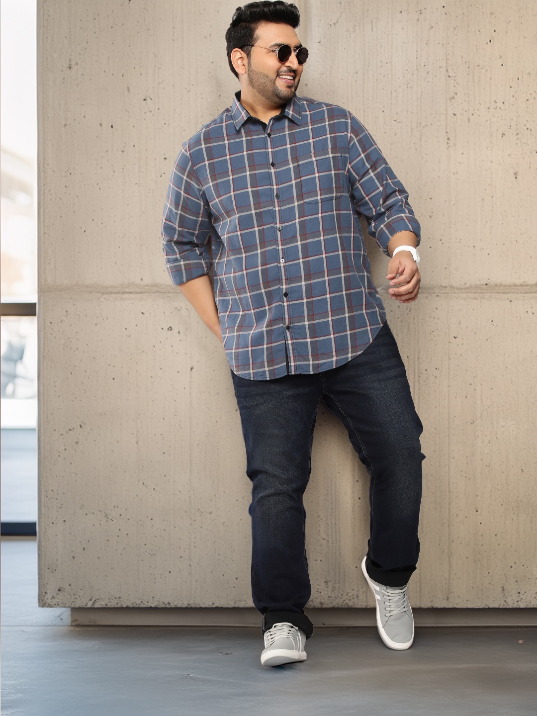 

Sztori Men Plus Size Pure Cotton Checked Casual Shirt, Blue