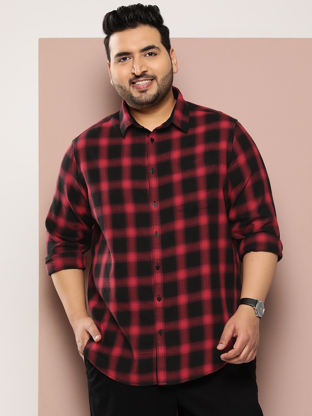 

Sztori Plus Size Buffalo Checks Pure Cotton Casual Shirt, Red