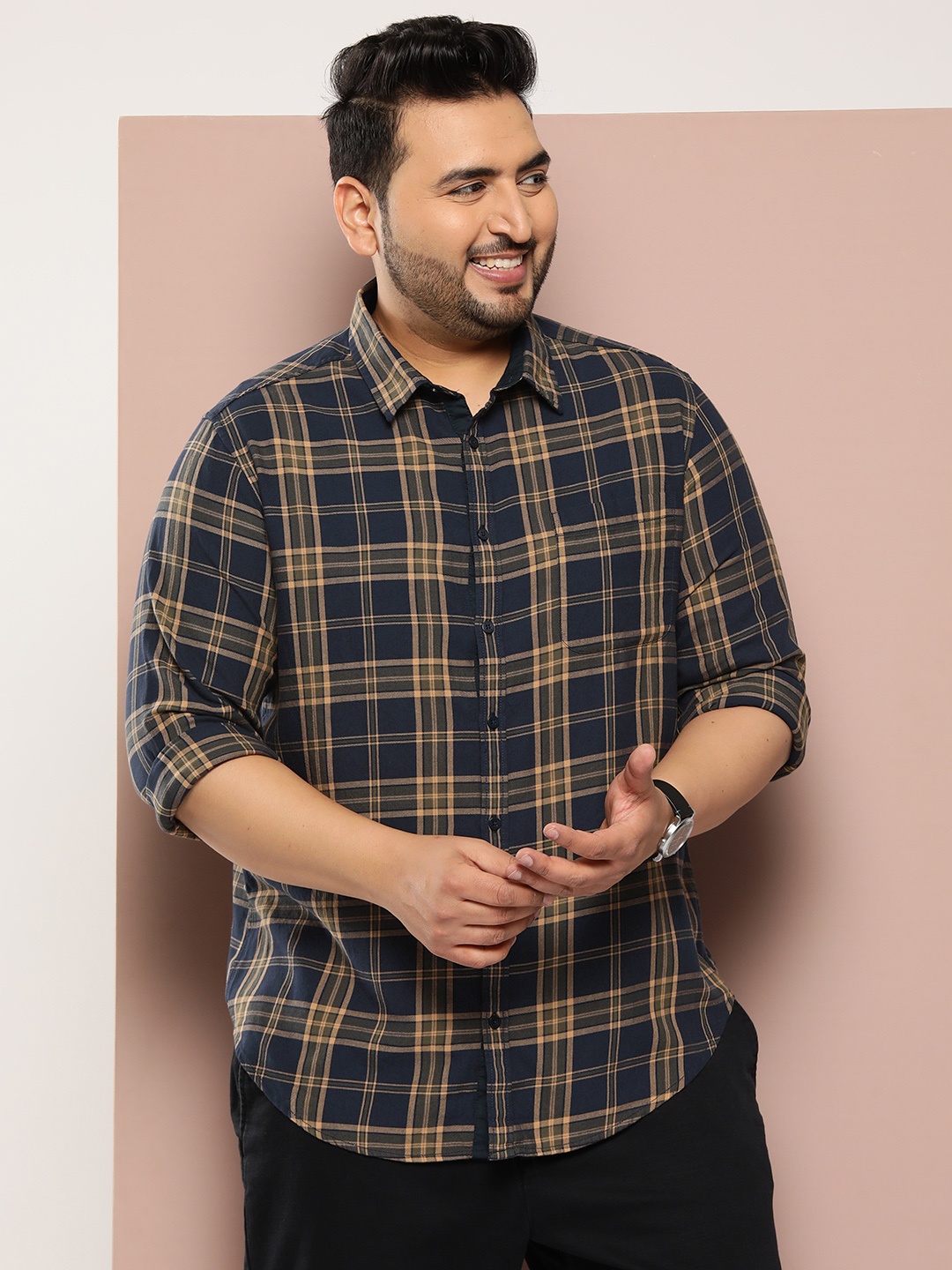 

Sztori Plus Size Tartan Checks Pure Cotton Casual Shirt, Navy blue