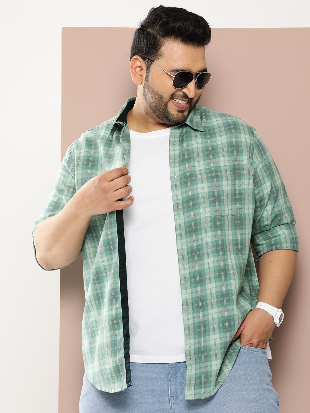 

Sztori Men Plus Size Pure Cotton Checked Casual Shirt, Green