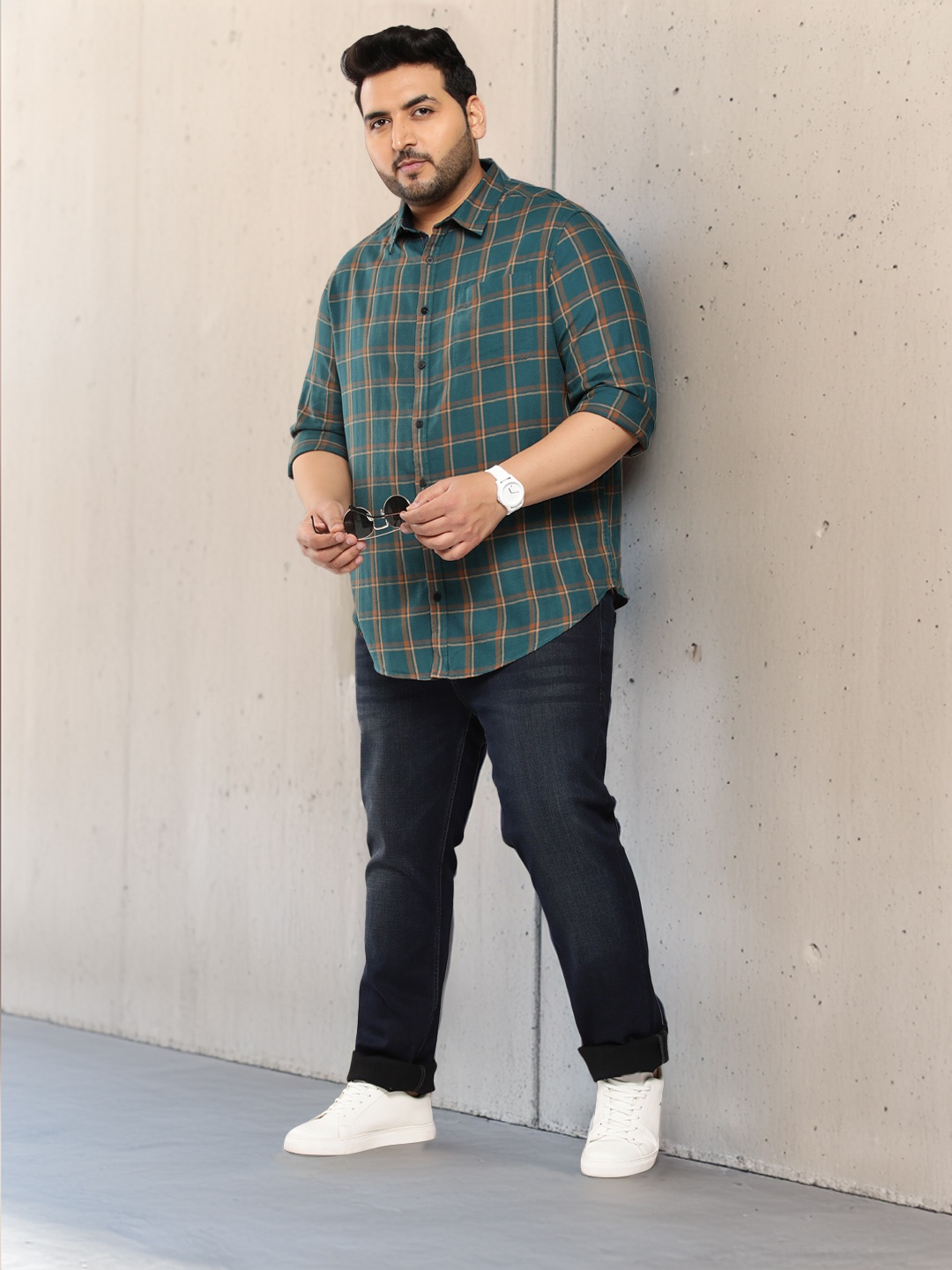 

Sztori Men Plus Size Pure Cotton Checked Casual Shirt, Teal