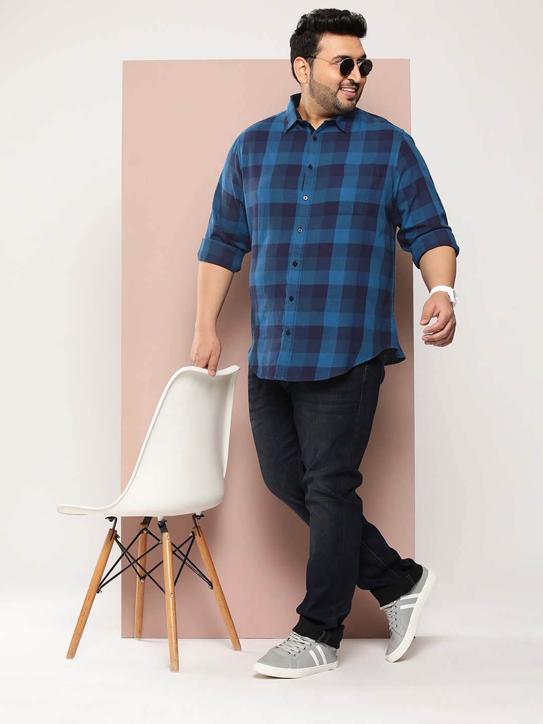 

Sztori Men Plus Size Pure Cotton Checked Casual Shirt, Blue