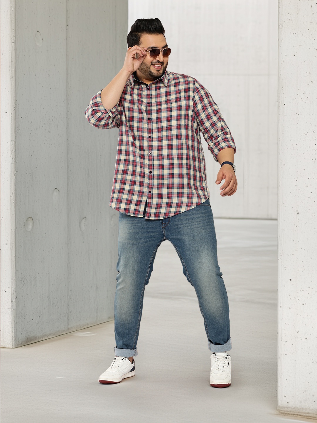 

Sztori Plus Size Pure Cotton Checked Casual Shirt, White