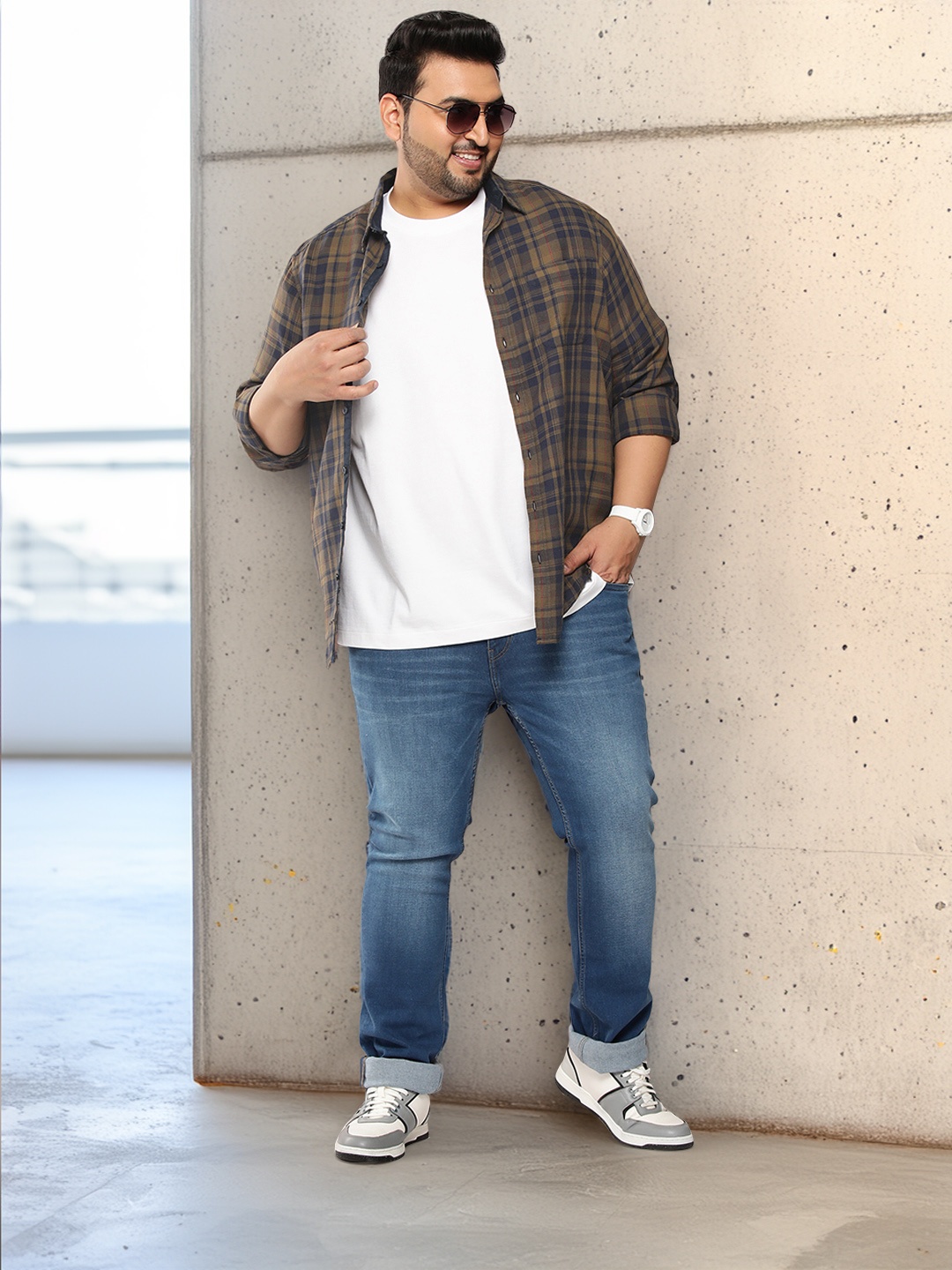 

Sztori Men Plus Size Pure Cotton Checked Casual Shirt, Navy blue
