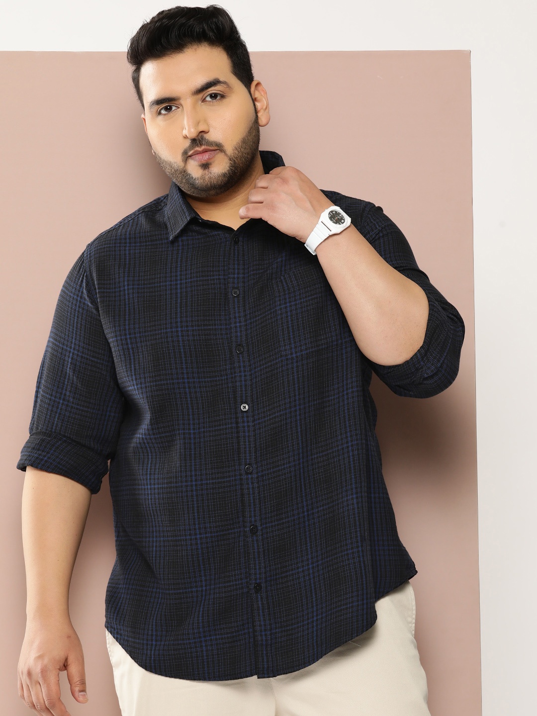 

Sztori Plus Size Checked Pure Cotton Shirt, Black