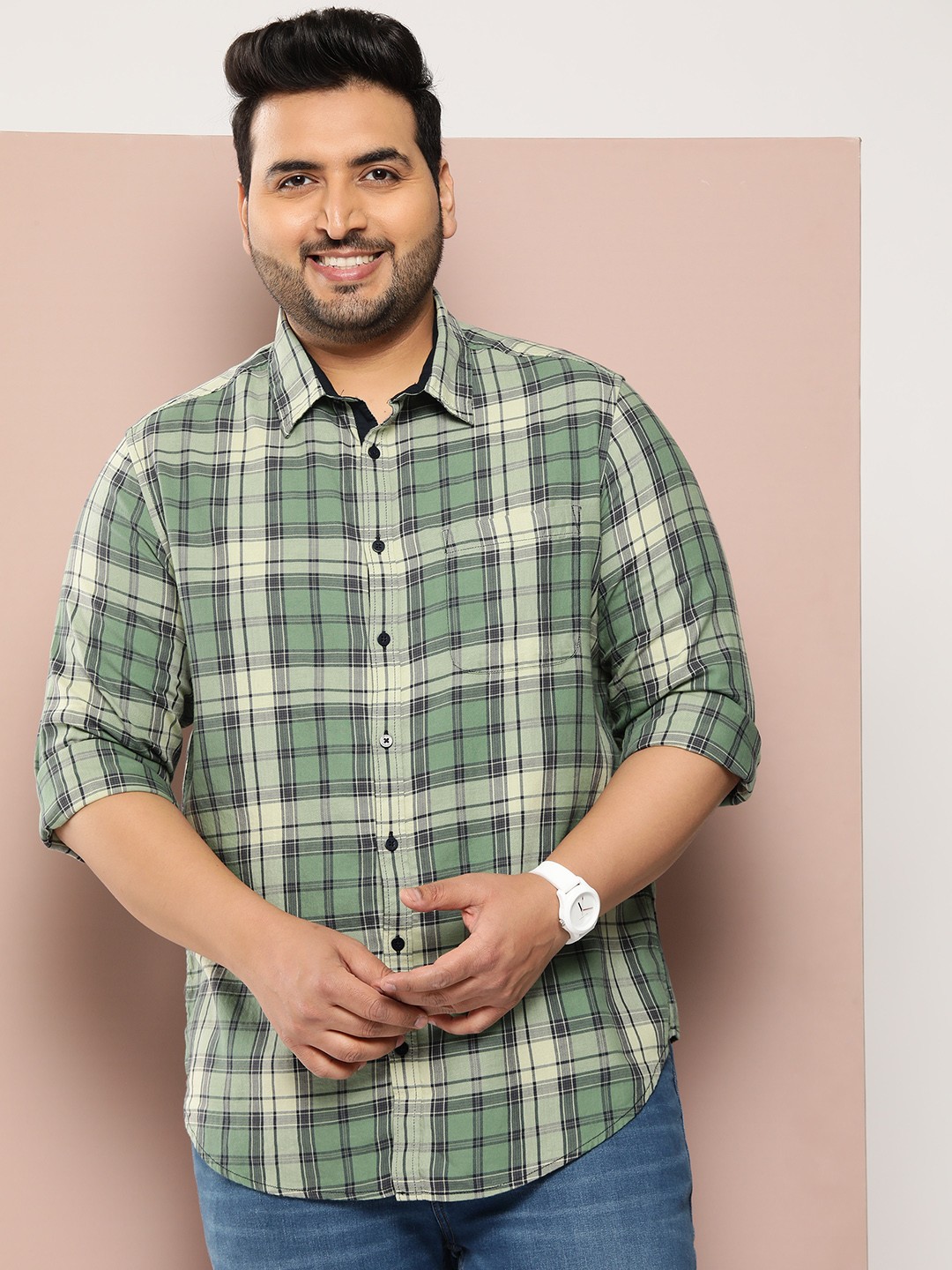 

Sztori Men Plus Size Pure Cotton Checked Casual Shirt, Green