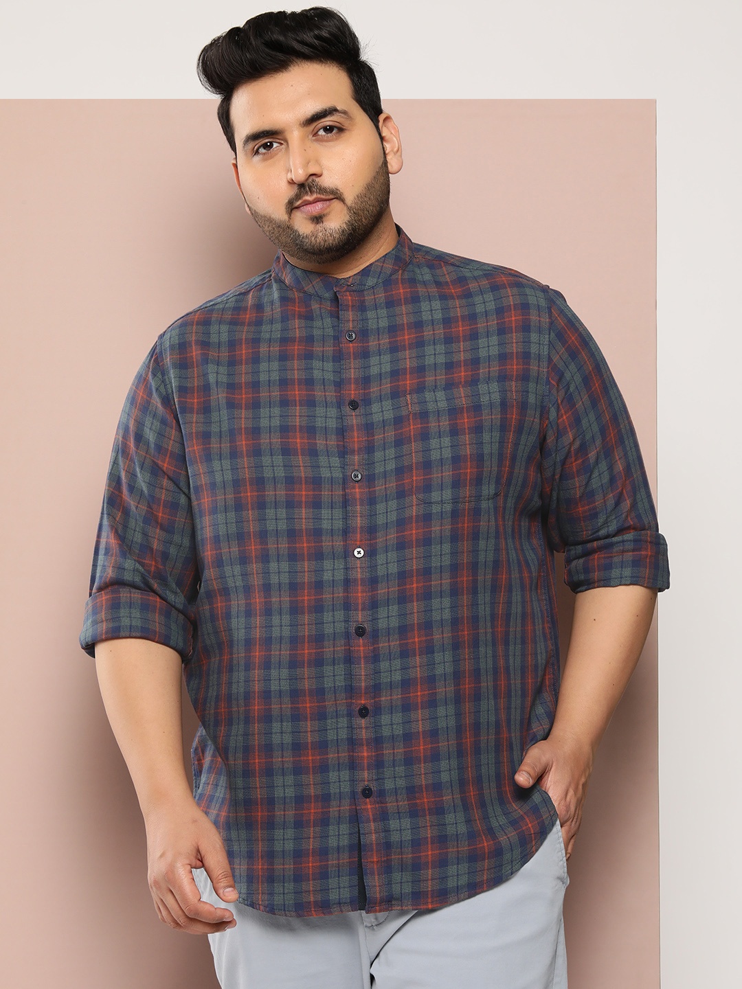

Sztori Men Plus Size Pure Cotton Checked Casual Shirt, Navy blue