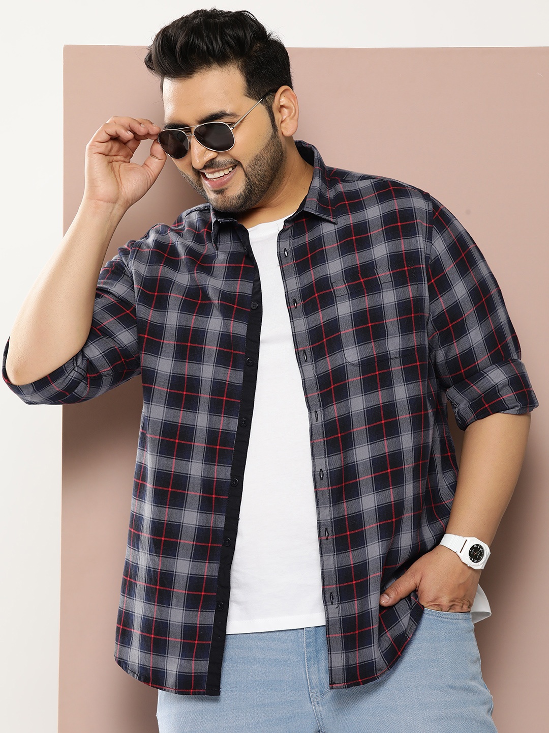 

Sztori Men Plus Size Pure Cotton Checked Casual Shirt, Grey