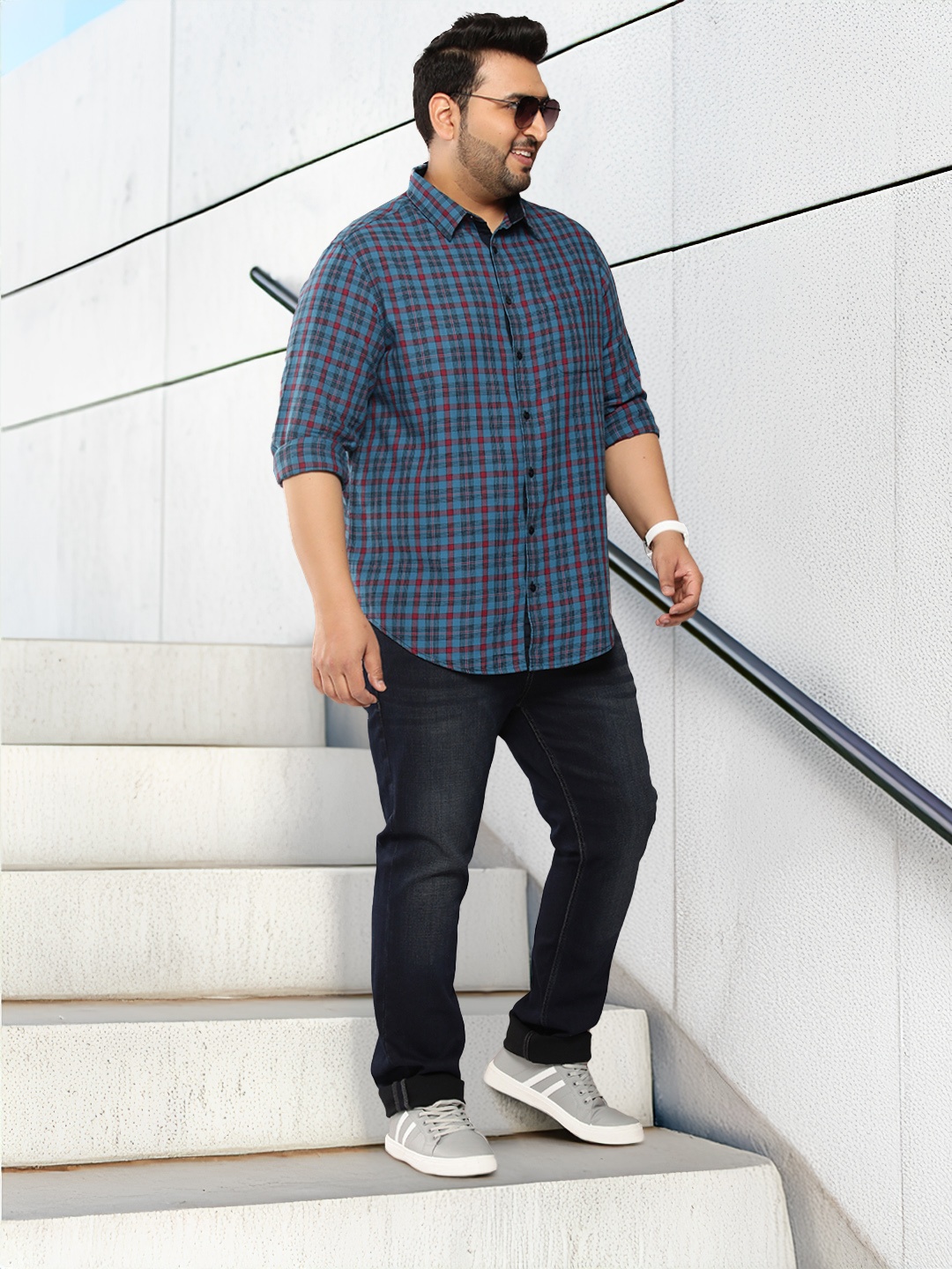 

Sztori Men Plus Size Pure Cotton Checked Casual Shirt, Blue