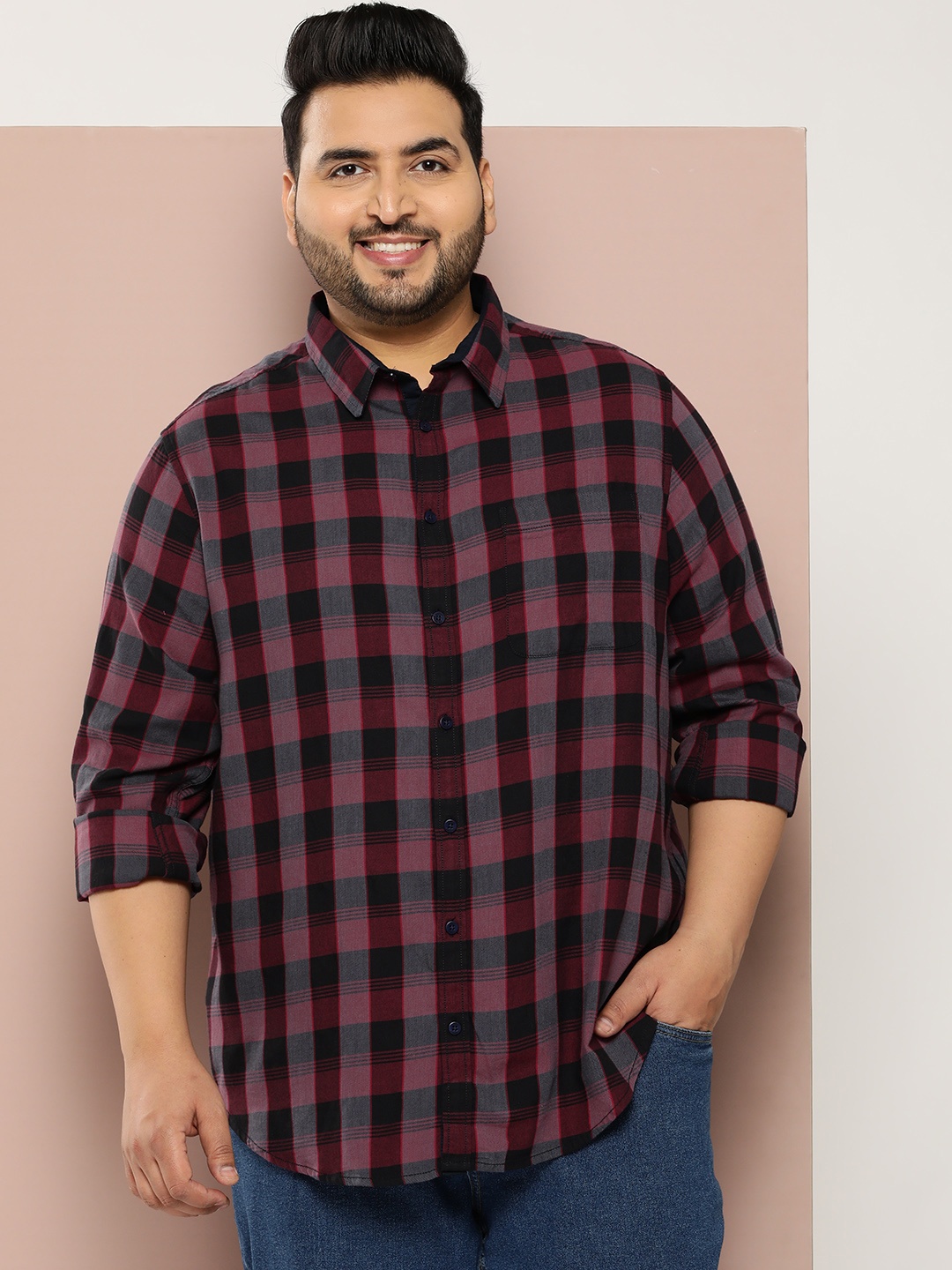 

Sztori Plus Size Pure Cotton Checked Casual Shirt, Burgundy